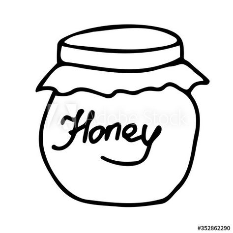 Hand drawing jar of honey. Simple minimal picture with lettering honey. For greeting cards,children coloring book and seasonal design. Stock Doodle vector illustration isolated on white Pot Of Honey Drawing, Honeypot Drawing, How To Draw Honey, Jar Of Honey Drawing, Honey Drawing Simple, Honey Pot Tattoo Simple, Honey Jar Illustration, Honey Jar Drawing, Honeypot Tattoo