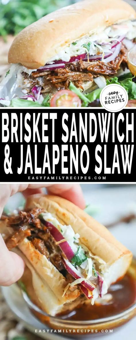 Bbq Chopped Beef Sandwich, Keto Brisket Recipes, Chopped Brisket Sandwiches, Leftover Brisket Ideas, Hand Sandwiches, Bbq Brisket Sandwich, Brisket Leftovers, Brisket Sandwich Recipe, Jalapeno Slaw