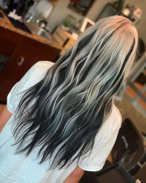 White And Black Baylage Hair, Black Hair White Root, Platinum Silver And Black Hair, Icy Blonde And Black Hair, Black And White Balayage Hair, White To Black Hair Ombre, Silver On Top Black On Bottom Hair, Platinum Blonde Hair With Black Lowlights, White Ombré Hair