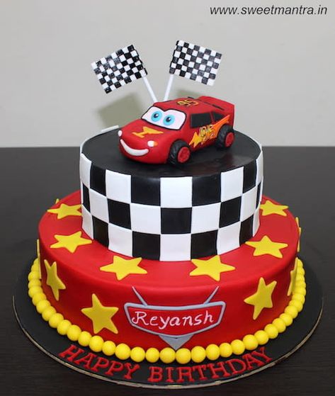 McQueen cars theme 2 tier fondant cake for kids birthday by Sweet Mantra - Customized 3D cakes Designer Wedding/Engagement cakes in Pune - http://cakesdecor.com/cakes/331899-mcqueen-cars-theme-2-tier-fondant-cake-for-kids-birthday Car Cakes For Boys, Lightning Mcqueen Birthday Cake, Cars Cake Design, Disney Cars Cake, Lightning Mcqueen Cake, Cars Theme Cake, Mcqueen Cake, Cars Birthday Cake, Cars Cake