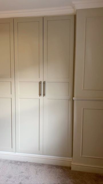 Slim Built In Wardrobe, Wardrobe Panelling Design, Ikea Pax Wardrobe Flisberget, Cream Fitted Wardrobes Bedroom, Ikea Pax Closet Built In, Ikea Pax Wardrobe Painted, Fitted Wardrobe Colour Ideas, Ikea Pax Handles, Ikea Pax Painted