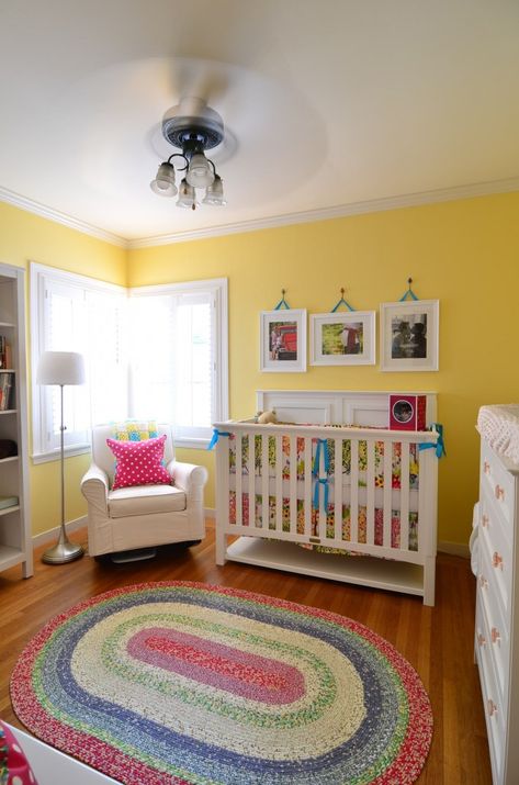 Yellow Nursery Colourful Baby Room, Nursery Ideas Yellow, Green And Yellow Nursery, Room With Yellow Walls, Yellow Baby Room, Pottery Barn Duvet Cover, Feminine Nursery, Pottery Barn Duvet, Hang Photos