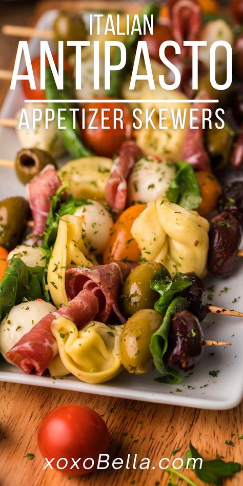 Appetizer Screwers, Grocery Store Appetizers, Antipasta Appetizers Appetizer Recipes, Antipasto On A Stick, Bow Tie Antipasto Bites, Italian Themed Dinner Party Food, Antipasta Skewer Appetizer, Pasta Appetizers Appetizer Ideas, Grad Party Appetizers