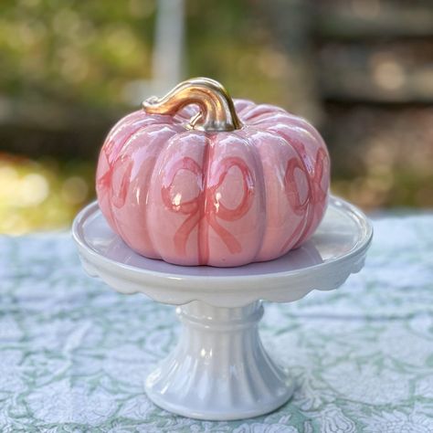 Pink on Pink Bow Squatty Ceramic Pumpkin Pink Pumpkin Decorating Contest, Pink Pumpkin With Ghost, Pink Ghost Pumpkin, Coquette Pumpkin Painting, Painting Fake Pumpkins, Pink Pumpkin Decorating Ideas, Pink Pumpkin Ideas, Pink And Orange Fall Decor, Cute Pumpkin Painting Ideas Girly