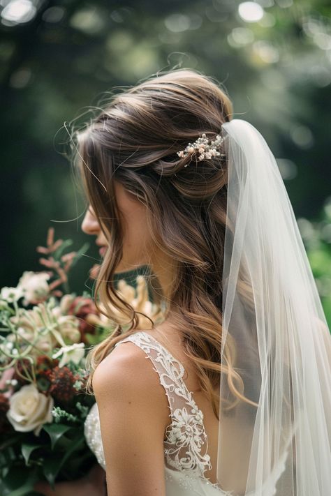 80+ Styles for Brides Opting for Hair Down with a Veil | Matched Hearts Gorgeous Wedding Hair, Bridal Hair Down With Headpiece And Veil, Wedding Day Hairstyles With Veil, Fingertip Veil Hair Down Half Up, Wedding Hair For Long Veil, Bridal Half Up With Veil, Half Up Half Down Wedding Hair With Vail, Wedding Hairstyle Veil, Wedding Hair Half Up Half Down Veil