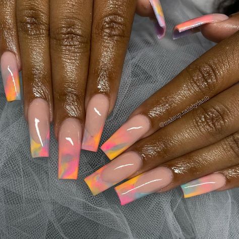 Nude Acrylics With Design, Marble Nails Bright Colors, Marble Color Nails, Pink And Yellow Marble Nails, Marble Nails Colorful, Marble Nails Inspiration, Colorful Marble Nails Acrylic, Colored Marble Nails, Marble Tip Acrylic Nails