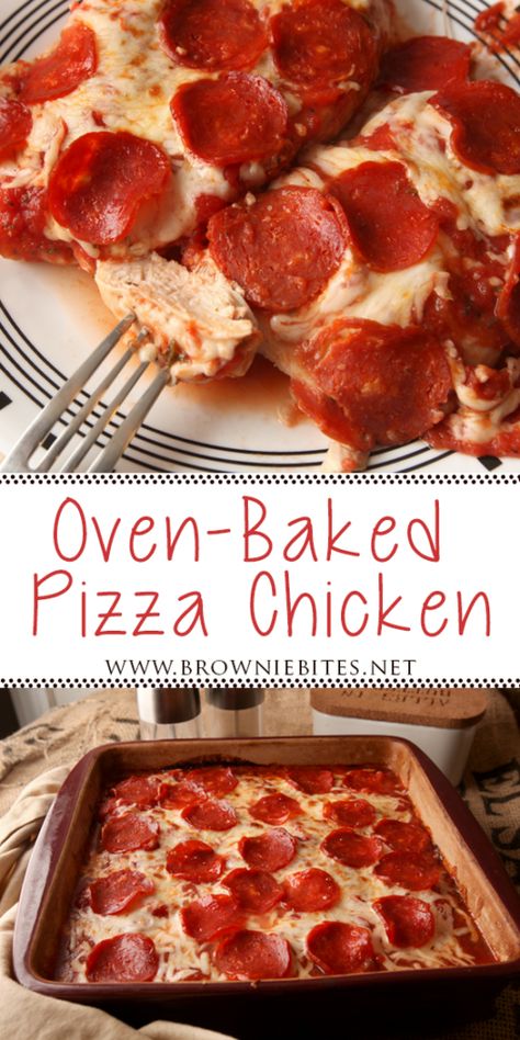 Baked Chicken Pizza, Baked Pizza Chicken, Keto Chicken Pizza Bake, Pepperoni Pizza Chicken Bake, Chicken Pepperoni Bake, Pizza Chicken Recipes, Pepperoni Chicken Bake, Pizza Chicken Breast, Quick Oven Meals