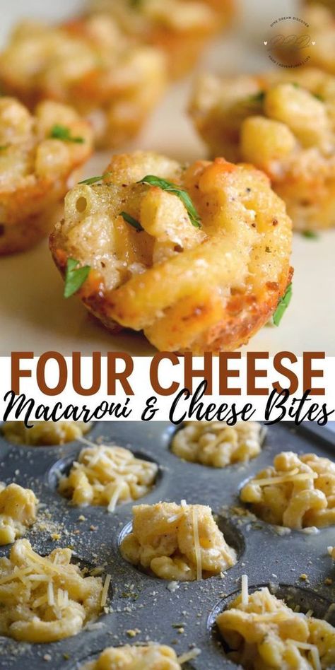 Four Cheese Macaroni & Cheese Bites Mini Macaroni And Cheese Bites, Mini Pasta Appetizer, Mini Mac N Cheese Bites, Mac And Cheese Cups Easy, Pasta Starter Recipes, Pasta Bites Appetizers, Macaroni And Cheese Bites Appetizers, Macaroni And Cheese Appetizer, Macaroni Appetizers