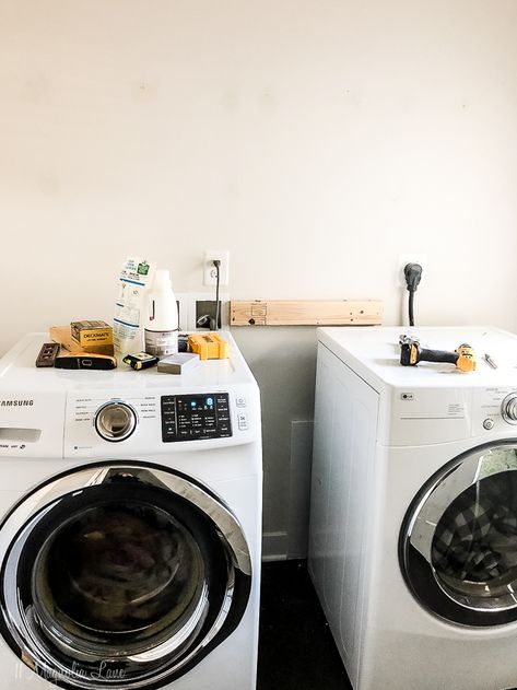 Easy Updates In Our Laundry Room Counter Top On Washer And Dryer, Wood Laundry Room, Laundry Room Counter, Diy Laundry Room, Laundry Room Countertop, Laundy Room, Stacked Laundry Room, Laundry Room Ideas Small Space, Dream Laundry Room