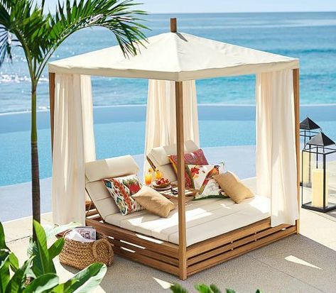 Lounge Cabana | Bed: http://beachblissliving.com/bring-a-beach-cabana-to-the-backyard-for-the-ultimate-lounging-experience/ Daybed Outdoor, Teak Patio Furniture, Daybed Cushion, Double Chaise Lounge, Outdoor Beds, Patio Daybed, Outdoor Loungers, Pool Cabana, Desain Lanskap