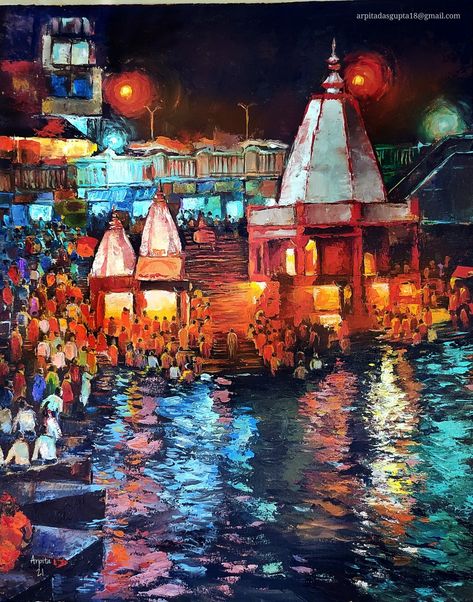 Palette Knife painting by Arpita Dasgupta. Banaras Ghat, Watercolor Paintings Of Animals, Hindu Temples, Vintage India, Indian Painting, Water Colours, Palette Knife Painting, Knife Painting, Watercolor Art Lessons