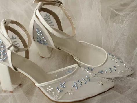 White Heels With Blue Flowers, Something Blue Wedding Shoes, White And Blue Heels, Blue Wedding Shoes For Bride, Blue Wedding Heels, Light Blue Wedding Shoes, Floral Wedding Shoes, Blue Bridal Dress, Low Heel Wedding Shoes