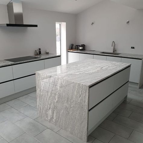 Another one from Mother Nature! Thunder White Granite worktops and waterfall island! #granite #dialaworktop #wedoworktops #naturalbeauty #waterfall #naturalstones #howdensjoinery #kitchenrenovation @ Witham, Essex Nature, Thunder White Granite, Granite Worktops, Waterfall Island, Grey Granite, White Granite, The United Kingdom, Another One, Kitchen Renovation