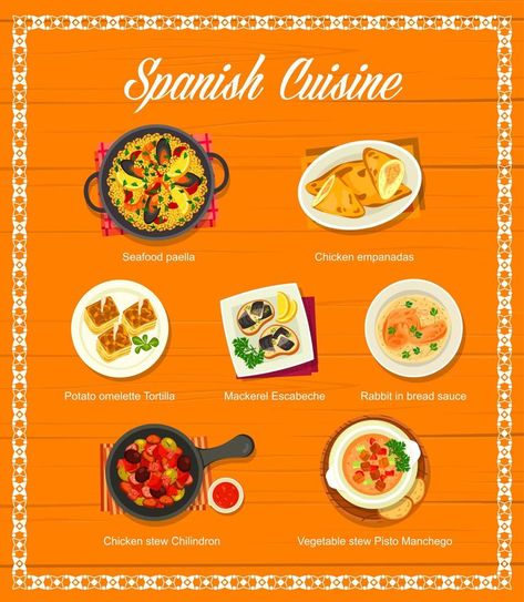 Spanish food menu, Spain cuisine restaurant dishes Resturant Menu, Chicken Paella, Chicken Empanadas, Bread Sauce, Spanish Restaurant, Seafood Paella, Food Banner, Spanish Cuisine, Restaurant Dishes