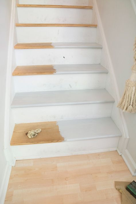 How to refinish stairs that were carpeted and possibly use outdoor deck stain | using outdoor wood stain inside the house | gray wood stain | light gray wood stain | refinishing stairs | #stairs #stairmakeover Bare Wood Stairs, How To Stain Stairs, Wood Stairs Diy, Refinishing Stairs, Concrete Stair Treads, Refinish Staircase, Painted Wood Stairs, Painting Stairs, Refinish Stairs