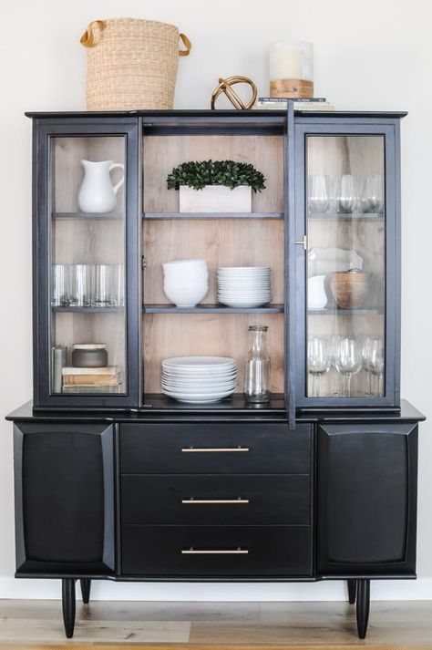 How To Make A China Cabinet Look Modern, Glass China Cabinet Display, Vintage China Cabinet Decor, Antique Display Cabinet Makeover, Organize China Cabinet, Boho China Cabinet Display, China Cabinet Display Farmhouse, Modern China Cabinet Makeover, Black China Cabinet Makeover