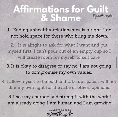 Guilt and shame, affirmations, burnout, self love, mindset Toxic Shame Affirmations, Healing Shame Affirmations, Overcoming Guilt And Shame, Guilt And Shame Quotes, Shame Affirmations, Guilt Affirmations, Shame Cycle, Cbt Exercises, Overcoming Guilt