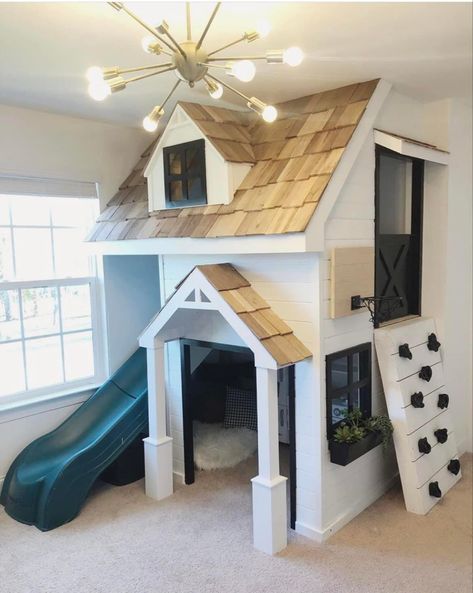 Playroom Playhouse With Slide, Play Houses Indoor, Bedroom Playhouse, Playhouse Playroom, Play House In Playroom, Kids Play Area In Living Room Small Spaces, Play House Indoor, Playhouse In Playroom, Diy Indoor Playhouse With Slide