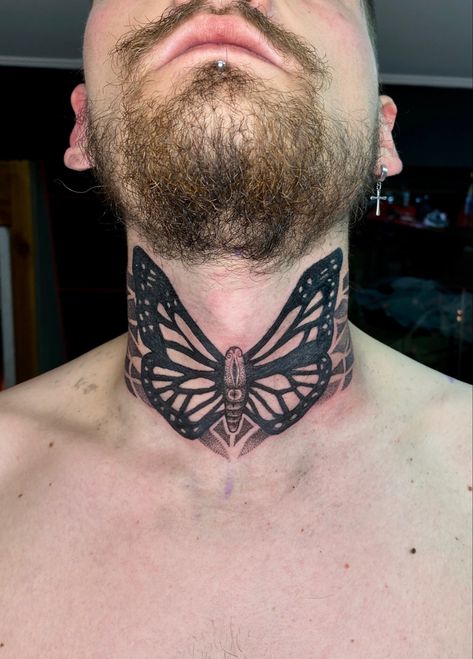 Butterfly neck tattoo male tattoo Butterfly Neck Tattoo Men, Full Neck Tattoos For Men, Women Neck Tattoo Ideas, Men Neck Tattoo Ideas, Neck Tattoo Ideas Female, Male Neck Tattoo, Neck Tattoos Men, Full Neck Tattoos, Tattoo Male