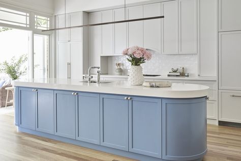 Curved Kitchen Island, Danielle Victoria, Sage Green Kitchen, Timeless Bathroom, White Subway Tiles, Popular Kitchens, All White Kitchen, Country Style Kitchen, Grey Paint Colors