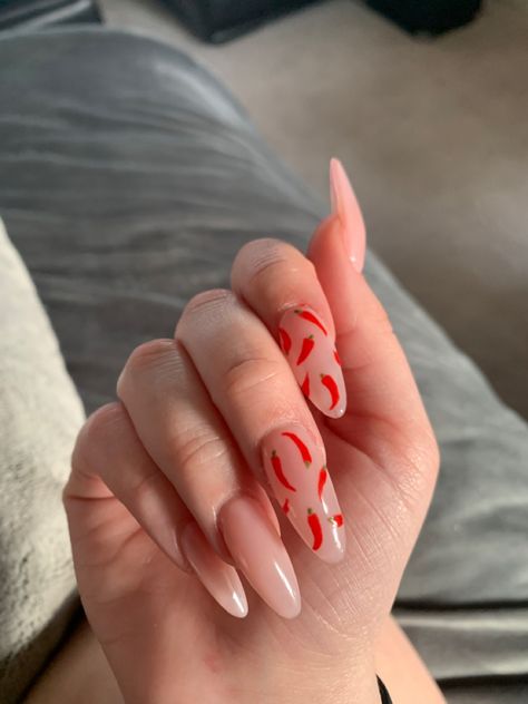 Chili Nail Art, Chilli Pepper Nails, Chili Pepper Nails, Classy Acrylic Nails Almond, Chili Nails, Red Nails Spring, Nails Almond Acrylic, Teacher Nails, Marvel Nails