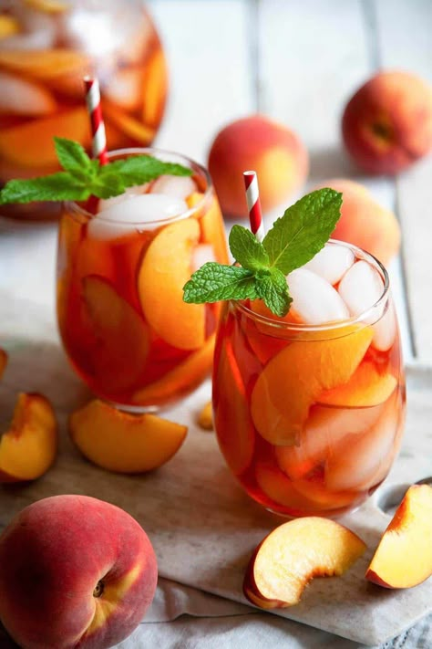 Mango Sangria, Fuze Tea, Fourth Of July Drinks, Fruit Sangria, White Wine Sangria, Peach Sangria, Peach Syrup, Peach Ice Tea, Peach Recipes