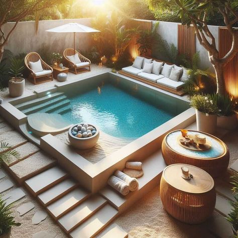 38 Small Backyard Pool Ideas: Maximizing Your Outdoor Oasis » HomeDecorFull Rectangular Pools With Spas, Plunge Pool And Hot Tub Combo, Small Pool Landscaping, Plunge Pool Ideas Small Spaces, Backyard Small Pool, Plunge Pool Ideas, Small Pools Backyard, Raised Pools, Small Backyard Pool Ideas