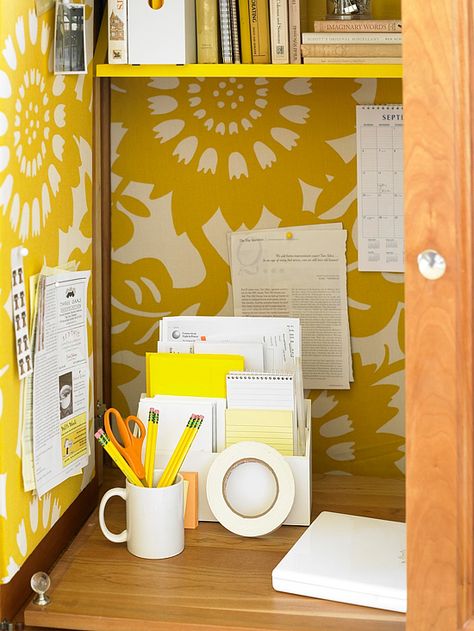 Decorative fabric creates an attractive backdrop when a bland space needs a makeover. A splash of sunny yellow helped transform this once-boxy armoire into a standout workstation. Cut corkboard panels to size and cover with fun patterned fabric. Mount the corkboard on the armoire's back wall and inner doors for a practical place to hang your calendar, stamps, and reminders. Desk Armoire, Office Armoire, Armoire Ideas, Organized Desk, Armoire Desk, Cabinet Hutch, Armoire Cabinet, Craft Cabinet, Colorful Storage