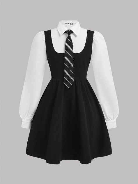 Tween Girl 2 In 1 Black Long Sleeve Collared Dress With Tie, Preppy Uniform Back To School Black Elegant  Long Sleeve Woven Fabric  A Line Non-Stretch  Tween Girls Clothing, size features are:Bust: ,Length: ,Sleeve Length: Black Dress For Teen, School Dresses Uniform, Uniform Styles For School, Unique School Uniforms, School Uniform Fashion Aesthetic, Black School Dress, Cute School Outfits Uniform, Fancy School Uniform, Cute Uniform Ideas For School