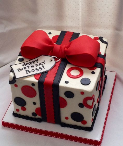 Pretty present cake. Red, black and white. Birthday Present Cake, Happy Birthday Boss, Red Birthday Cakes, Present Cake, Gift Box Cakes, White Cake Recipe, Red Birthday, Bow Cakes, Beautiful Cake Designs