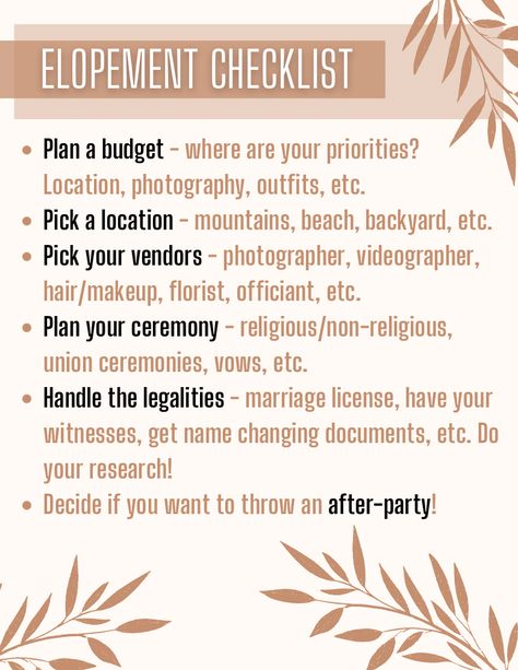 How To Elope Ideas, Elopement Wedding Ideas Inspiration, Budget Friendly Elopement, Elope Reception Ideas, Fall Wedding Elopement Ideas, Elopement To Do List, Small Wedding Elopement Ideas, Beach Wedding Elopement Ideas, Elopement Reception Parties