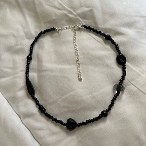 Black beaded necklace Black Beaded Necklace Aesthetic, Handmade Black Necklace, Black Necklace Aesthetic, Gothic Beaded Necklace For Gift, Emo Beaded Necklace, Goth Beaded Necklace Diy, Black Handmade Hippie Necklace, Black Beaded Necklace, Necklaces Beaded