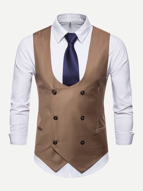 Men Solid Double Breasted Pointed Hem Vest -SheIn(Sheinside) Suit Vest For Men, Mens Double Breasted Blazer, Mens Dress Vests, Men Business Casual, Mens Vest Casual, Business Vest, Double Breasted Vest, Double Breasted Waistcoat, Vest For Men