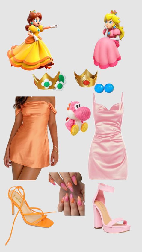 #peach #daisy #mario #nintendo #halloween Princes Peach And Daisy Costume, Daisy Halloween Costume Mario, Peach And Daisy Halloween Costume, Mario Characters Halloween Costumes, Mario Cart Charters Costumes, Princess Daisy Outfits, Luigi And Daisy Costume, Daisy Mario Costume, Mario And Princess Peach Costume