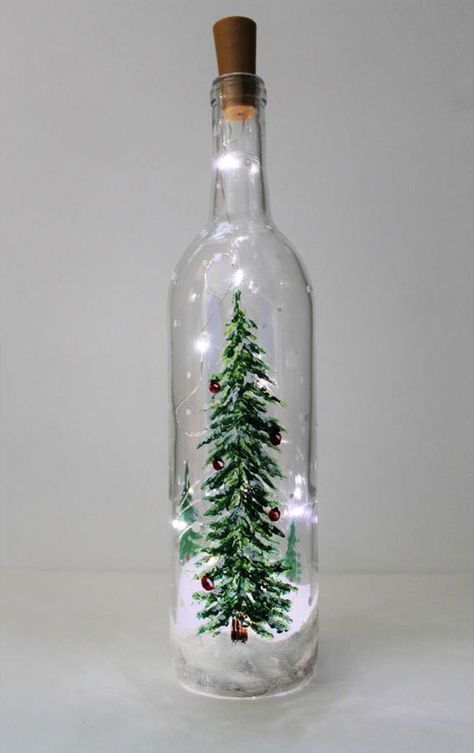 Winter Painted Wine Bottles, Resin On Wine Bottles, Winter Wine Bottle Painting, Fall Crafts With Wine Bottles, Painting On Jars Glass Bottles, Painted Bottles With Lights, Wine Bottle Art Projects, Christmas Painted Wine Bottles, Painted Wine Bottles Christmas