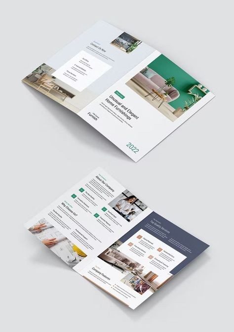 Furniture Company Bi-Fold Brochure Template Fold Brochure Design, Brochure Design Layout, Annual Report Design, Bi Fold Brochure, Fold Brochure, Report Design, Company Brochure, Magazine Layout, Furniture Companies