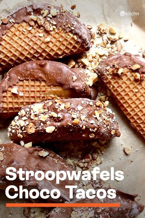 The texture isn’t exactly the same as the original. In order to make the taco shell, we need to heat the Stroopwafel; this breaks down the sugar structure of the filling, which means that after some time in the freezer it becomes toffee-like. This is a good thing! #stroopwafels #homemadedesserts #chocotacos #stroopwafelrecipes #dessertrecipe Choco Taco, Spring Baking, Waffle Cookies, Taco Stuffed Shells, Cream Desserts, Gone For Good, Ice Cream Desserts, Taco Recipes, The Good News