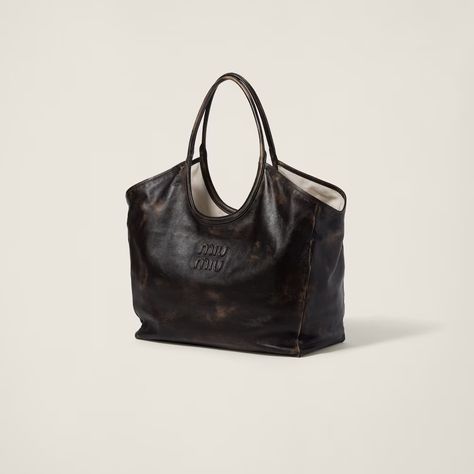 Sand/coffee Leather Tote Bag | Miu Miu Leather Lettering, Multi Millionaire, Classic Tote Bag, Bag Shorts, Miu Miu Bag, Bag Obsession, Girls Tote, N Shoes, Emma Chamberlain