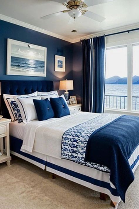 Mom Bedroom, Blue White Bedroom, Unique Bedroom Ideas, Navy Bedrooms, Blue Bedroom Ideas, Navy Blue Bedrooms, Farmhouse Bedroom Decor Ideas, Blue Bedroom Decor, Blue Room