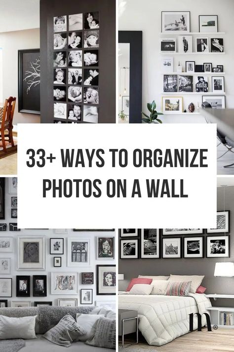 25+ Creative Ways To Organize Photos On A Wall | Momooze.com How To Set Up Pictures On The Wall, Wall Picture Placement Ideas, Photo Patterns On Wall, Photo Wall Placement Layout, Stacking Art On Wall, How To Display A Lot Of Photos, Organizing Pictures On Wall, Shelf Gallery Wall Display, Frames For Black And White Photos