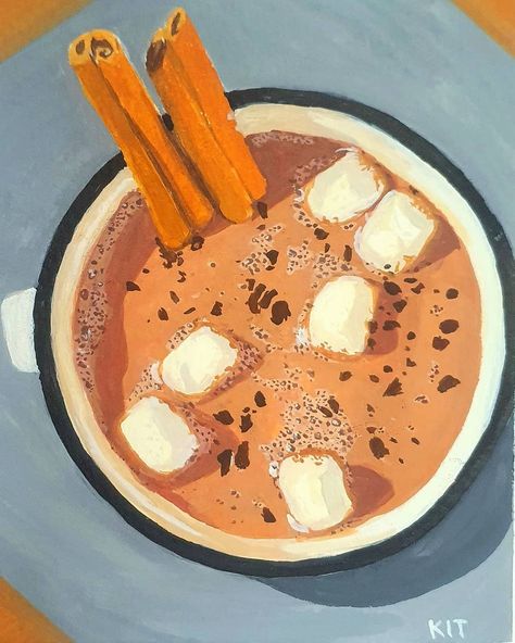 Gouache Reference Photo, Hot Chocolate Painting, Himi Gouache Art, Hot Chocolate Illustration, Fall Nostalgia, Chocolate Painting, Gouache Inspiration, Hot Chocolate Art, Himi Gouache