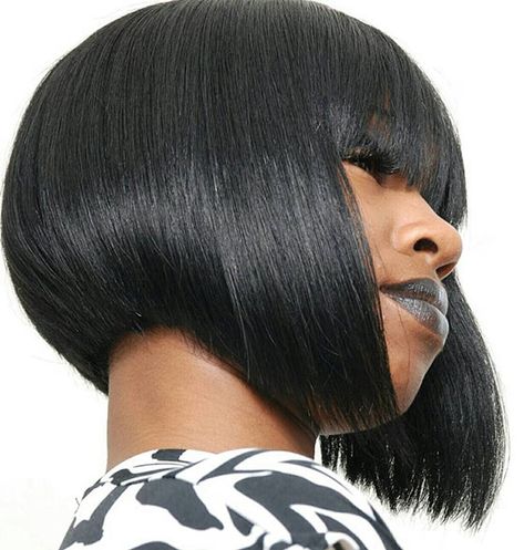 A-line-Bob-With-Straight-Bangs Bangs Black Women, Bobs With Bangs, Bangs For Black Women, Short Stacked Bob Haircuts, Bob Hairstyles 2018, Bob Haircuts For Black Women, A Line Haircut, Long Bob With Bangs, Short Stacked Bobs