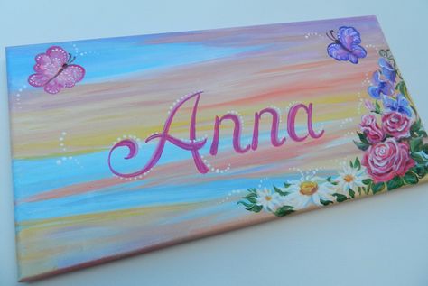 Name Canvas Painting, Painted Name Signs, Name Paintings, Painting Nursery, Nursery Room Art, Painting Girl, Nursery Canvas, Birthday Card Drawing, Name Canvas