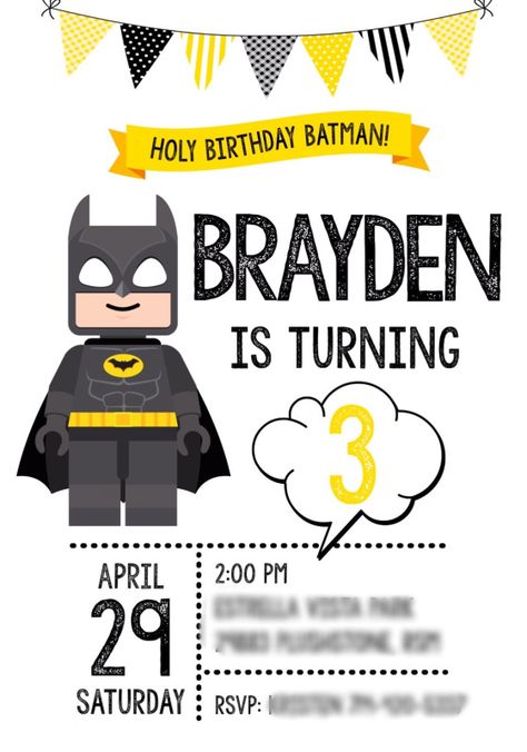 Batman Party Invitations, Batman Birthday Invite, Lego Batman Birthday Party, Lego Batman Cakes, Lego Invitation, Cake Batman, Batman Ideas, Batman Themed Birthday Party, Lego Batman Birthday