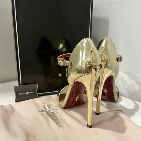 Cesare Paciotti Gold Stilettos with red soles... - Depop Cesare Paciotti Dagger Heels, Cesare Paciotti Heels, Paciotti Heels, Board Pictures, Gold Stilettos, Luxury Heels, Fancy Heels, Cesare Paciotti, Stylish Heels