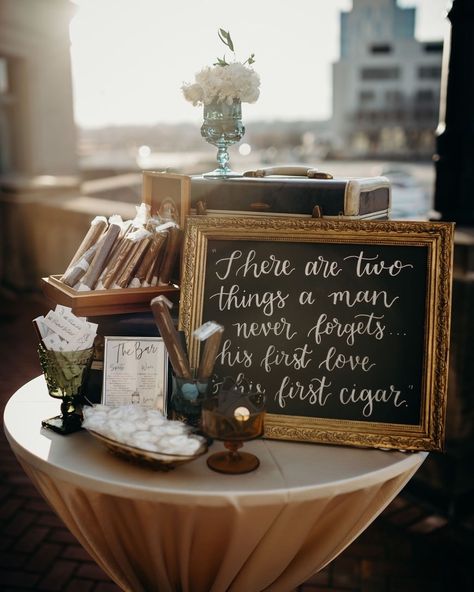 “There are two things a man never forgets...his first love and his first cigar.” We designed this adorable cigar bar for Lauren and Tyler’s big day. The concept of cigar lounges began in European high society, where gentlemen would retire to smoke cigars and engage in conversation after dinner. For this wedding, we wanted a spot outdoors for guests to gather, celebrate and then refresh with a mint and get back to the dancefloor. ⠀⠀⠀⠀⠀⠀⠀⠀⠀ Photography: @andrewhaydenphoto Event Design& Decor: @... Brick Wedding Venue, Wedding Cigars, Lounge Party, Bridal Shower Flowers, Wedding Place Settings, Cute Wedding Ideas, Welcome To The Party, Wedding Mood Board, Wedding Bar