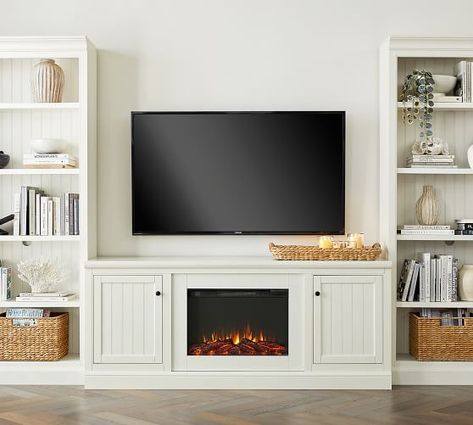 Bestsellers | Pottery Barn Media Cabinets, Built In Wall Units, Beadboard Paneling, Basement Fireplace, Tv Built In, Built In Shelves Living Room, Living Room Built Ins, Basement Family Room, Real Flame