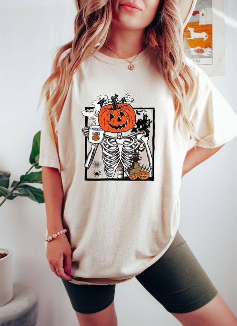 Skeleton Drinking Coffee, Humble Hustle, Sweater Designs, Happy Halloween Shirt, Skeleton Pumpkin, Pumpkin Spice Shirt, Autumn Clothing, Skeleton Shirt, Halloween Sweater