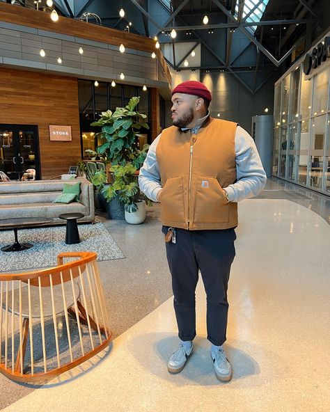 Streetwear outfits| Big Men|Carhartt Vest | Quater Zip Sweater | Fisher Men Beanie | Nike Killshot 2 Big Men Winter Outfits, Cubby Men Fashion, Big Men Streetwear, Big Guy Streetwear, Big Guy Fall Fashion, Big And Tall Streetwear For Men, Fisher Vest Outfit, Bigger Men Outfits, Big Boy Outfits Guys