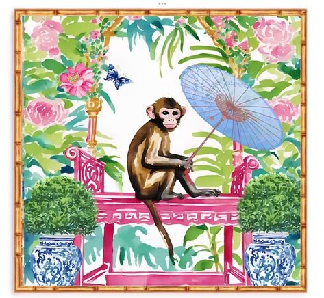 Preppy Chic Style, Chinoiserie Garden, Chinoiserie Prints, Chinoiserie Panels, Chinoiserie Art, Art Chinois, Whimsical Watercolor, Monkey Print, Monkey Art